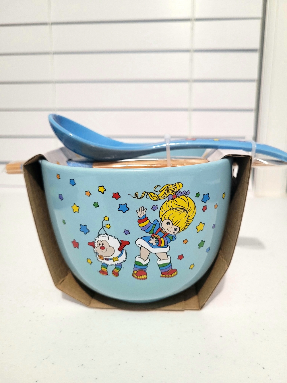 New Rainbow Brite Blue Ceramic Bowl with Chopsticks & Spoon
